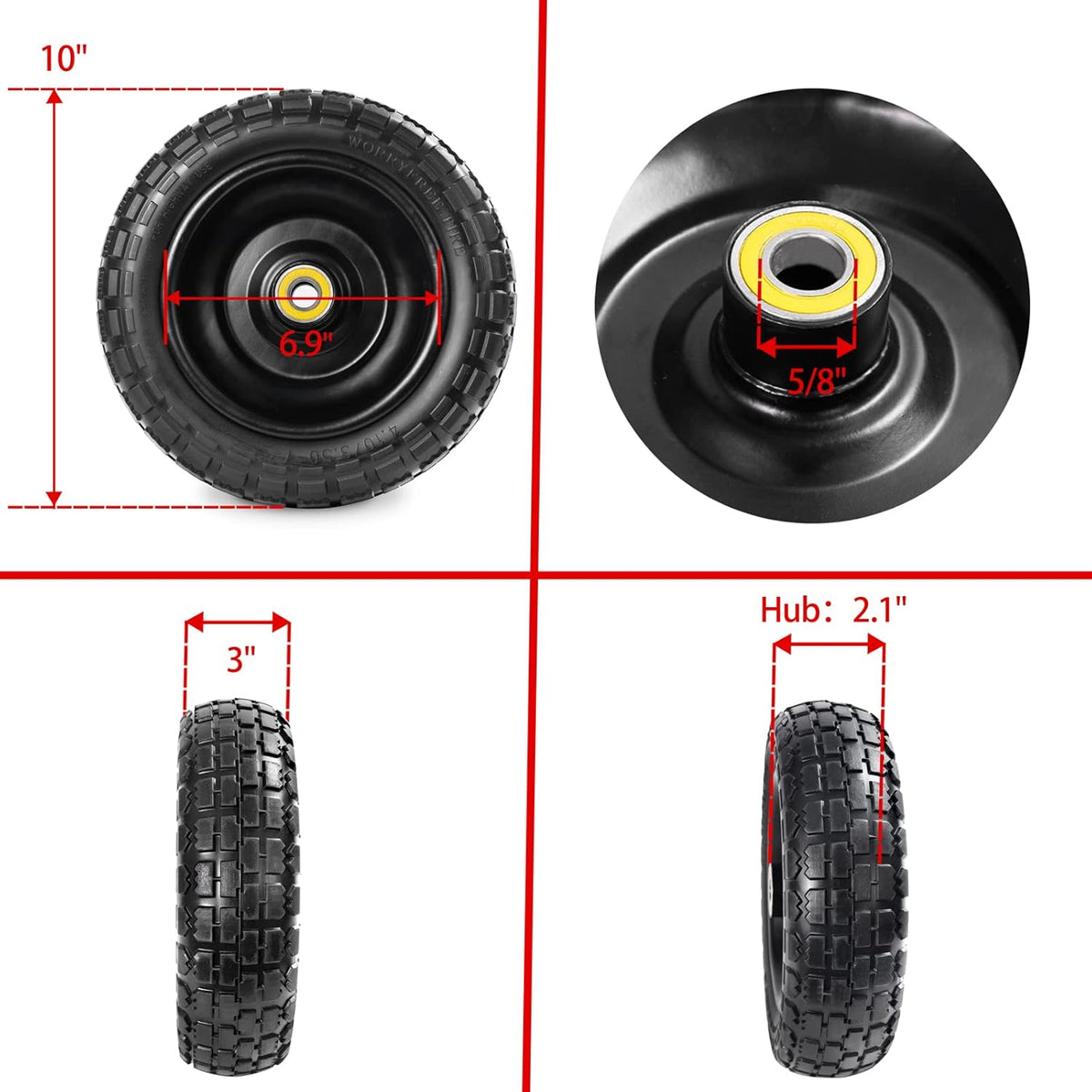 Fit Gorilla Carts Wheels 10" No Flat Replacement Wheel, 4.10/3.50-4 Flat Free Solid Tire Compatible with Gorilla Cart,Hand Truck,Garden Cart-5/8 Axle Bore Hole 2.1" Hub (2 Pack)
