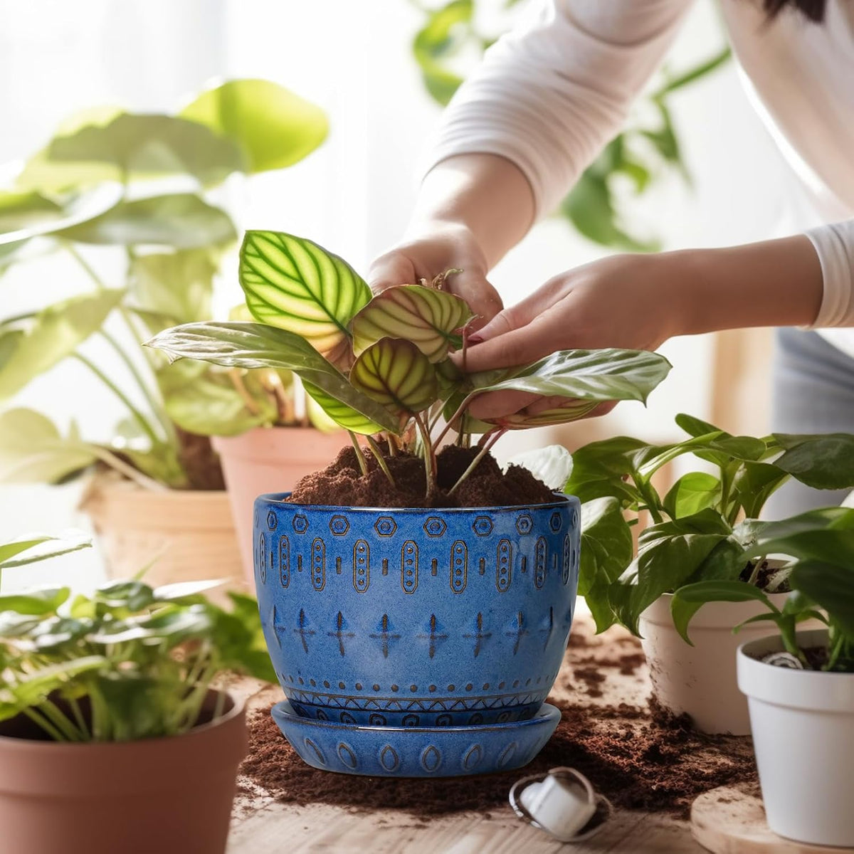 G EPGardening Plant Pot 5 Inch - Ceramic Planter for Indoor Plants Outdoor, Succulent Orchid Pot with Drainage Hole and Saucer, Round Flower Pot for Home Decor, Blue