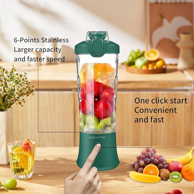 Portable Blender - Personal Blender for Shakes & Smoothies with 20 Oz Travel Cup, 6 Blades & USB Rechargeable for Gym, Kitchen & Outdoors (Green)