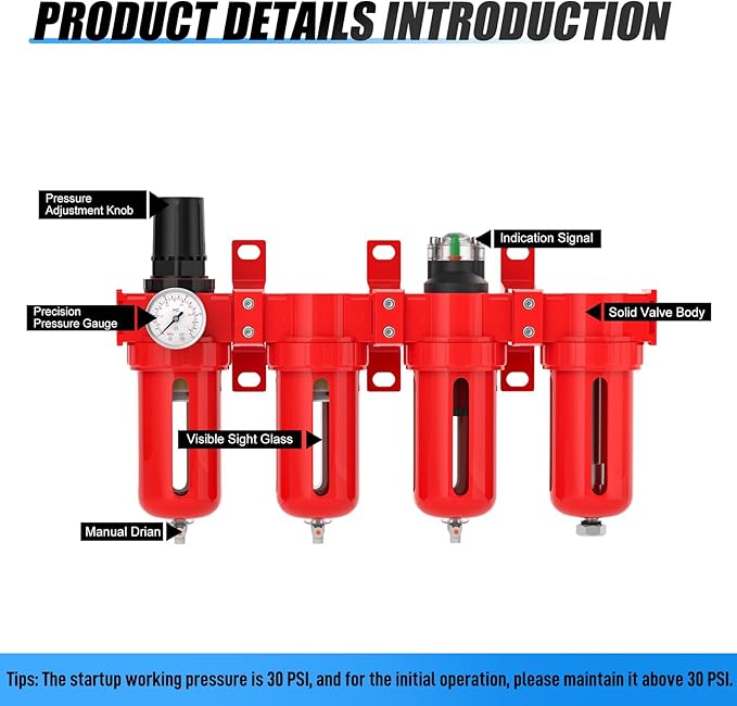 1/4" NPT Industrial Grade 4 Stage Aluminum Air Drying System, Coalescing Filter, Double Particulate Filter, Desiccant Dryer and Air Regulator,Manual Drain For Plasma Cutter and Paint Spray