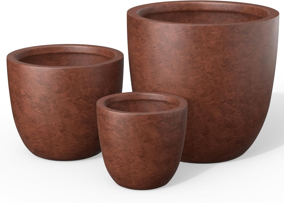 Kante 18",14",10" Dia Concrete Round Planters (Set of 3), Outdoor Indoor Large Planter Pots with Drainage Hole and Rubber Plug for Home Patio Garden, Rusty