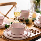 AmorArc Ceramic Dinnerware Sets for 4, Modern Flat Stoneware Plates and Bowls Sets,Chip and Crack Resistant | Dishwasher & Microwave Safe Dishes Set,Scratch Resistant- Service for 4 (12pc)-Matte Pink