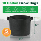 LotFancy 5-Pack 10 Gallon Grow Bags, Thickened Nonwoven Aeration Fabric Pots with Reinforced Handles, Heavy Duty Gardening Planter Containers for Vegetables Flowers Fruits, Black