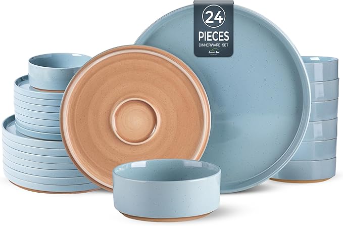 AmorArc Ceramic Dinnerware Set for 8 | Speckled Stoneware Plates and Bowls with Rustic Terracotta Underside| Scratch Resistant,Dishwasher & Microwave Safe Dishes Sets- 24pcs Blue