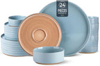AmorArc Ceramic Dinnerware Set for 8 | Speckled Stoneware Plates and Bowls with Rustic Terracotta Underside| Scratch Resistant,Dishwasher & Microwave Safe Dishes Sets- 24pcs Blue