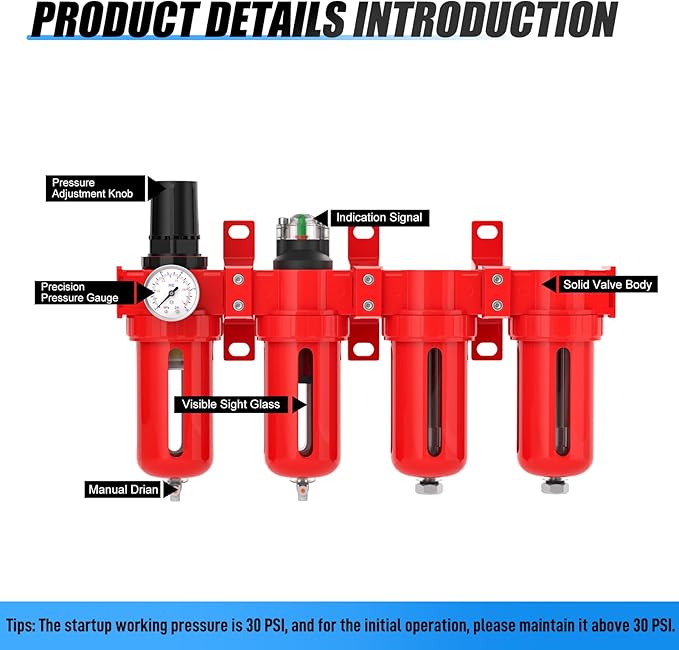 1/2" NPT Industrial Grade 4 Stage Aluminum Air Drying System, Coalescing Filter, Particulate Filter, Double Desiccant Dryer and Air Regulator,Manual Drain For Plasma Cutter and Paint Spray