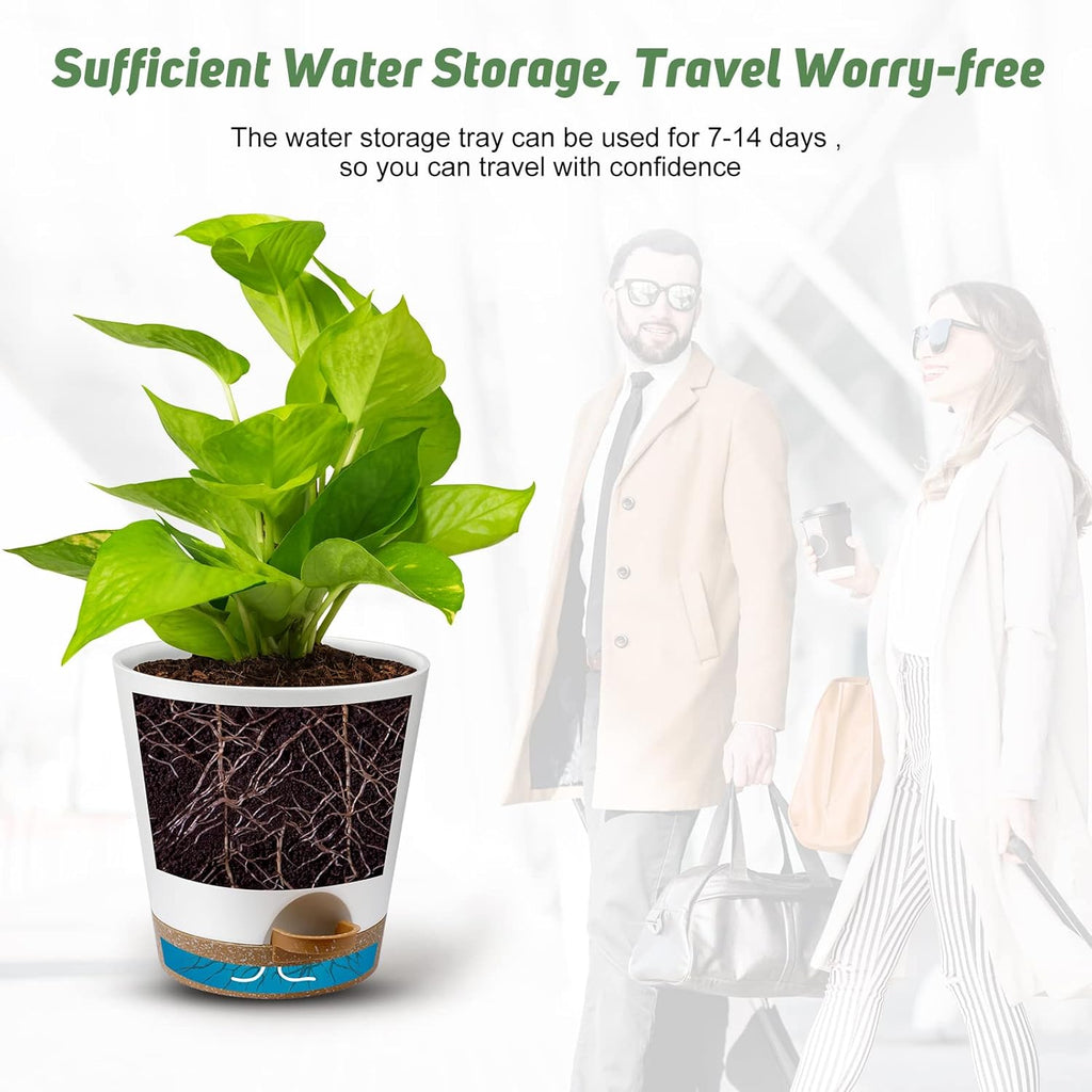 Indoor Self Watering Planters with Drainage Holes and Saucers, 8, 7, 6.5, 6, 5.5, 5 Inches, White, 6 Pots