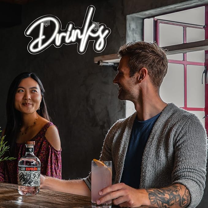 Looklight Drinks Neon Sign,Bar Neon Sign,Neon Signs for Wall Decor,Neon Sign For Room,White Neon Light Sign Led Neon Bar Signs USB Connectivity Light Up Wall Decor for Teen Room Bedroom Bar Store