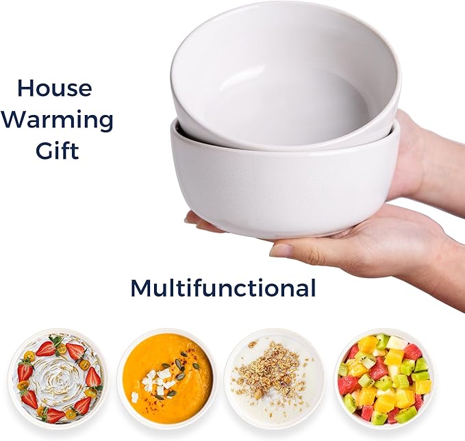 AmorArc Cereal Bowls Set of 6 for Kitchen, 26oz Stoneware Soup Bowls Set for Cereal,Soup, Modern Kitchen Bowls for Meal, Dishwasher &Microwave Safe, Reactive White