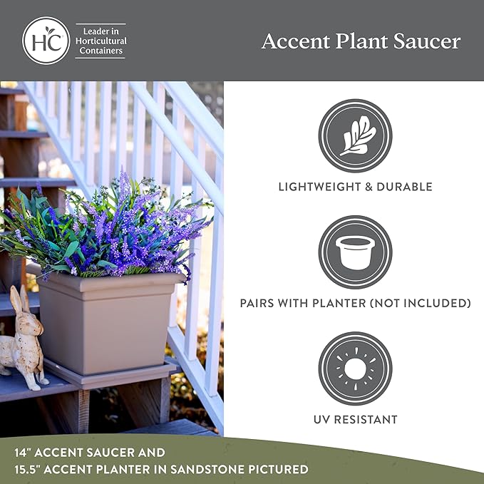 The HC Companies 14 Inch Accent Square Plant Saucer, Lightweight UV-Resistant Plastic Outdoor & Indoor Flower Pot Tray, 2-Pack Plant Pot Trays for Garden & Home Decor, Warm Gray