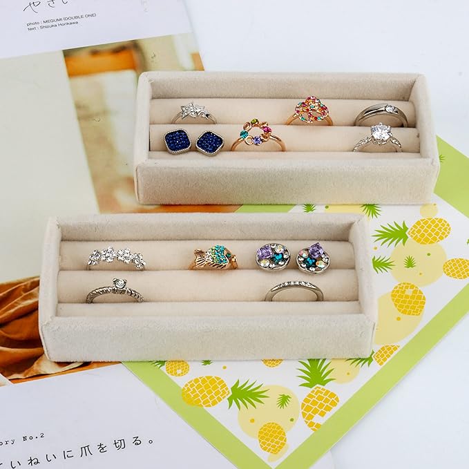 DesignSter Small Jewelry Tray, 2PCS Ring Organizer, Velvet Jewelry Display Tray, Stackable Jewelry Organizer Trays, Jewelry Drawer Organizer Inserts For Dresser, Jewelry Box (Beige)