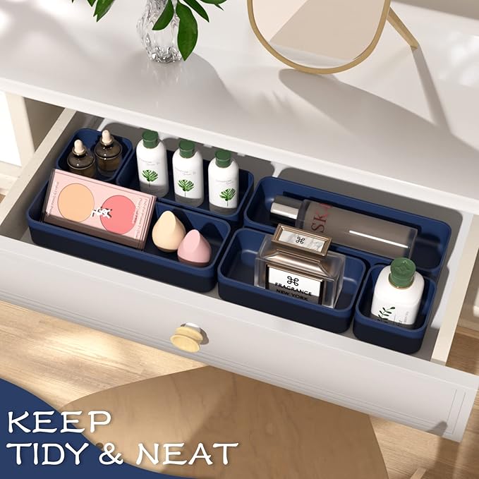 CHANCETSUI 6 PCS Stackable Drawer Organizers Set, Versatile Desk and Vanity Drawer Organizer Trays, Storage Bins for Makeup, Bathroom, Bedroom, Kitchen and Office, Blue