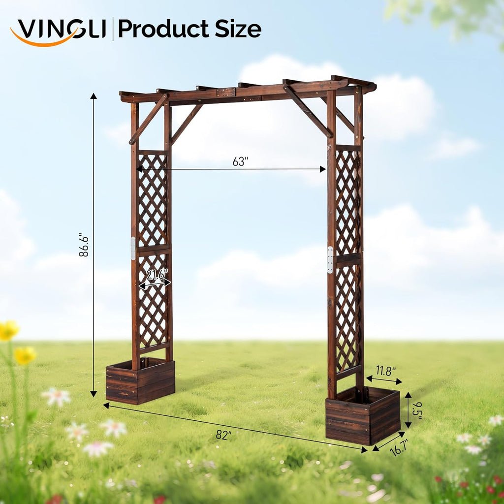 VINGLI Wooden Garden Arbor with Planter, Wedding Arch for Ceremony, Wood Garden Arbour Trellis for Plant Climbing, Pergola for Garden Backyard, Lawn, Outdoor (Carbonized Wood)