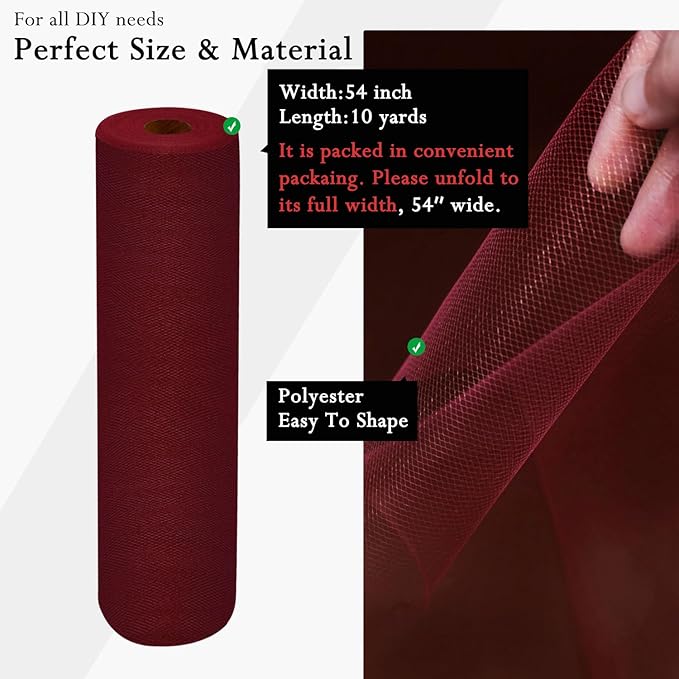 Burgundy Tulle Fabric Rolls 54 Inch by 10 Yards Fabric Tulle Bolt for Wedding Christmas Decorations Gift Wrapping DIY Tutu Baby Shower Table Skirt Birthday Party Craft Supplies