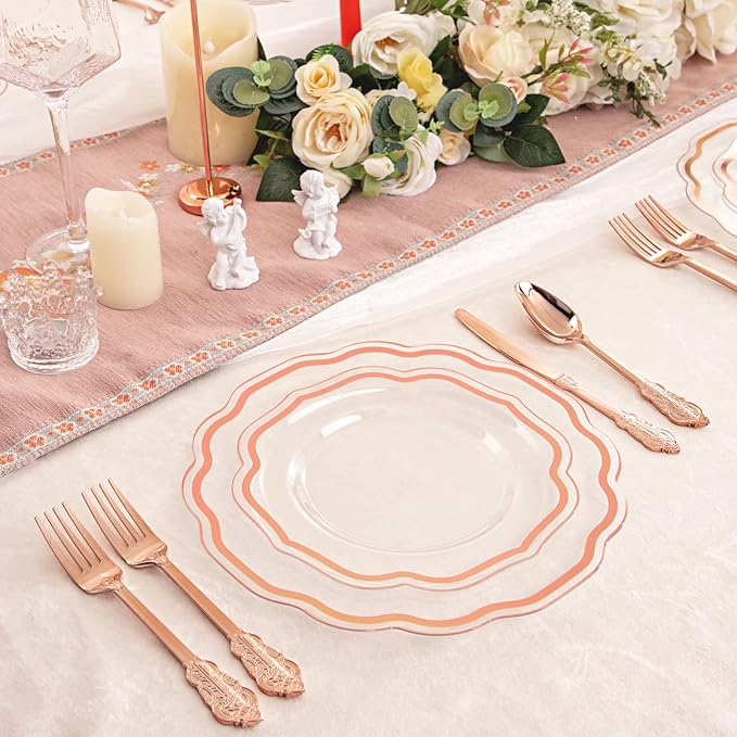 NOCCUR 150PCS Rose Gold Plastic Plates&Rose Gold Silverware-Include 30Dinner Plates, 30Salad plates, 90 Disposable Rose Gold Utensils- Ideal for Weddings, Party,Shower