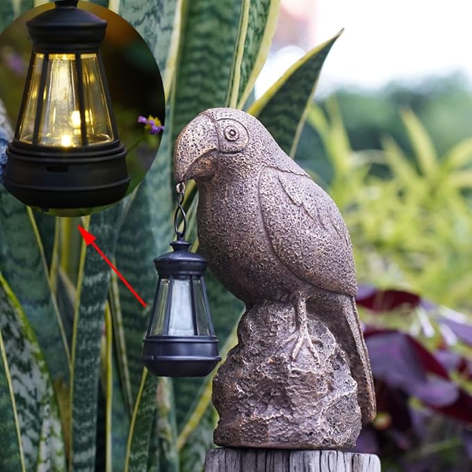 Outdoor Figurine Lights-Solar-Powered Parrot Garden Light - Waterproof Resin Statue, Auto-Charging led lamp for Outdoor Decor - Unique Birthday, Christmas Present (Bronze-Colored)
