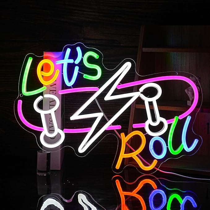 Let’s Roll Neon Sign Dimmable LED Skateboard Sign Light USB Cool Neon Light for Skateboard Shop Sports Bar Party Bedroom (16.5 * 12.2 In)