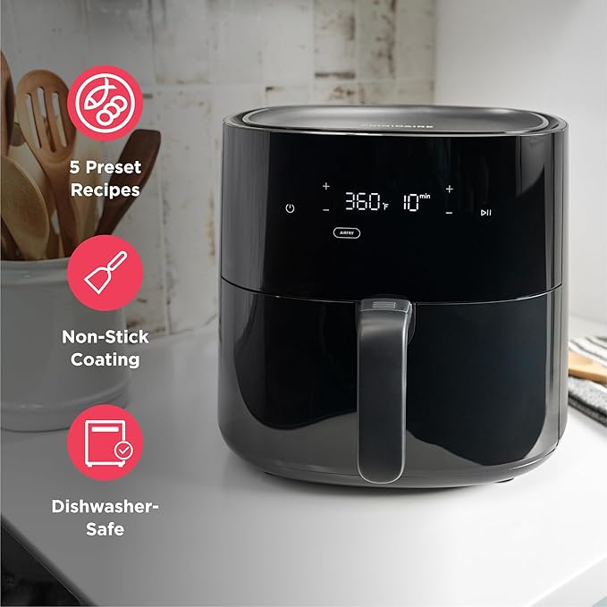 Frigidaire 3-in-1 Air Fryer, Large 5.3 QT Capacity, Digital Display, 3 Cooking Modes, 5 Recipe Presets, Automatic Shake Reminder, PFAS-Free Cooking Surfaces, Black
