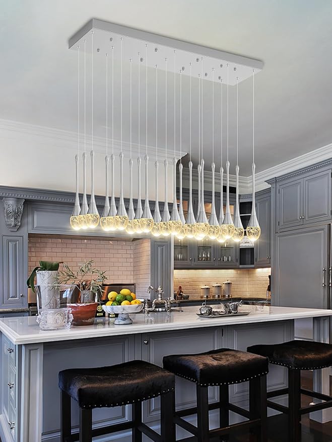 24-Lights Raindrop Chandeliers for Dining Room, Chrome Rectangular Pendant Lights Fixture,Teardrop Pendant Lights Kitchen Island, Adjustable Rectangular Chandelier for Entryway Foyer High Ceiling