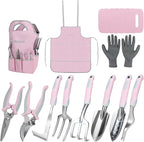 Pink Garden Tool Sets 12 Pieces, iHansee Aluminum Gardening Hand Tools with Non-Slip Handle, Kneeling Pad, Apron, Gloves and Organizer Bag, Landscaping Tools - Gift for Women & Garden Enthusiasts