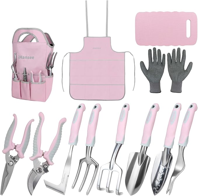 Pink Garden Tool Sets 12 Pieces, iHansee Aluminum Gardening Hand Tools with Non-Slip Handle, Kneeling Pad, Apron, Gloves and Organizer Bag, Landscaping Tools - Gift for Women & Garden Enthusiasts