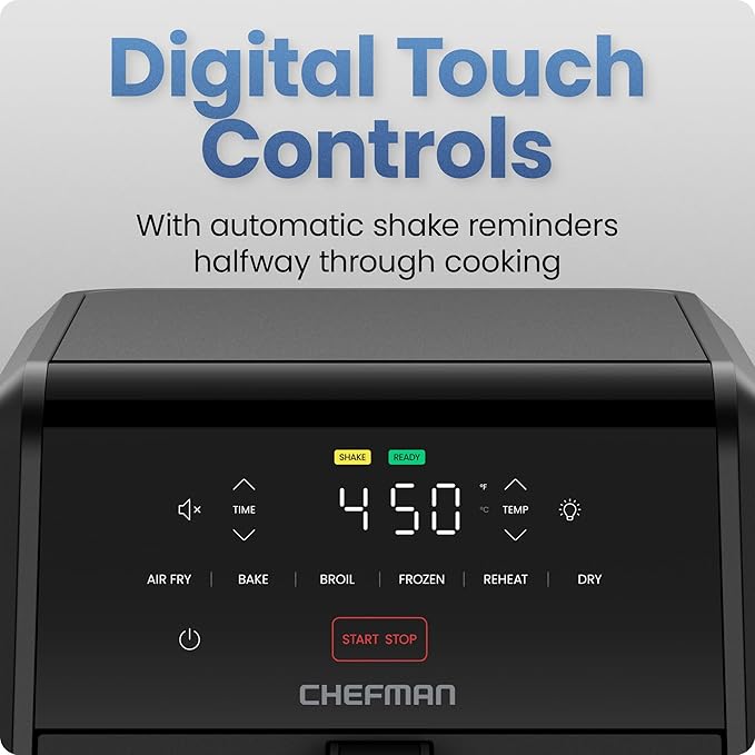 Chefman Air Fryer TurboFry 7-Qt, 6-in-1 High-Powered 450°F Cooking for Crispier Results, Compact Space-Saving Design, Air Fry, Bake, Broil, Reheat, Dehydrate, Defrost, Fast & Even Cooking – Black