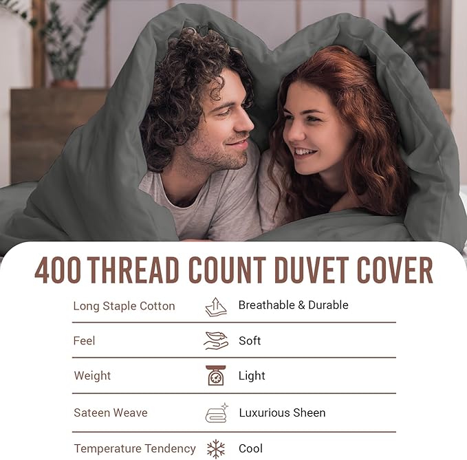 Pizuna Pure 100% Cotton King Duvet Cover Set, Luxurious 400 Thread Count Long Staple Cotton Sateen Weave with Button Closure (Combed Dark Grey Cotton Duvet Cover King)