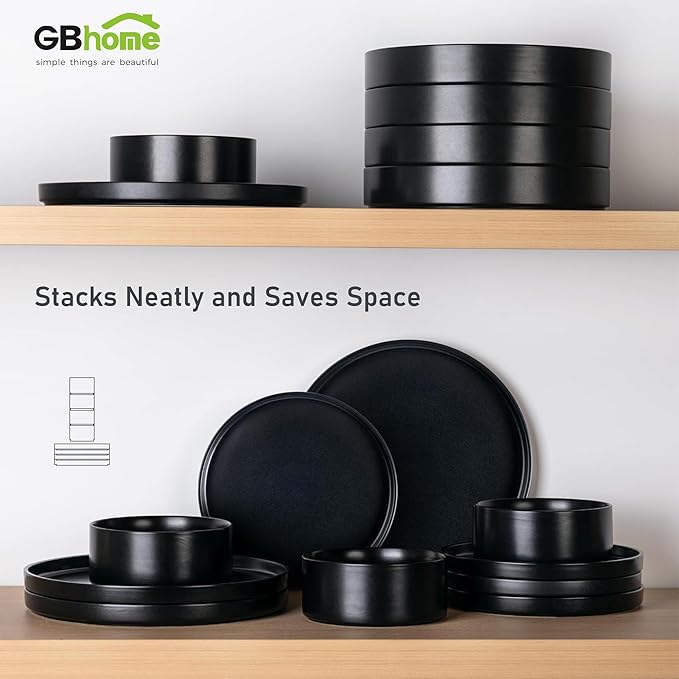 GBHOME Ceramic Dinnerware Sets for 8, Stoneware Plates and Bowls Sets, Chip and Scratch Resistant Dishes, Dishwasher & Microwave& Oven Safe Dishes sets, Reactive Glaze-Black