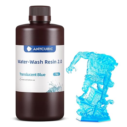 ANYCUBIC Water Washable 3D Printer Resin 2.0, 405nm High Precision 3D Resin, Low Shrinkage Photopolymer Resin for 4K/8K/12K Capable LCD DLP Resin 3D Printer Printing (Clear Blue, 1000g)