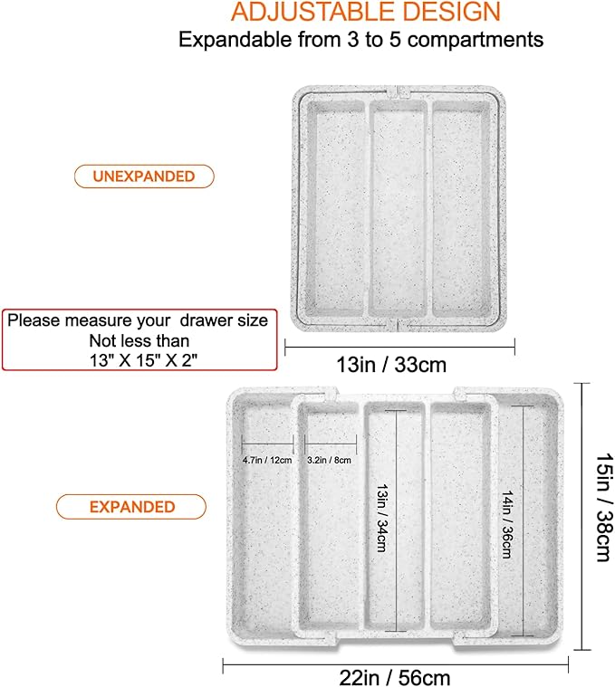 Expandable Large Silverware Organizer, Utensil Drawer Organizer for Kitchen Cutlery, Marble Design， Adjustable Cooking Utensil Tray, Plastic Spatula Tools and Gadgets Storage Divider, White
