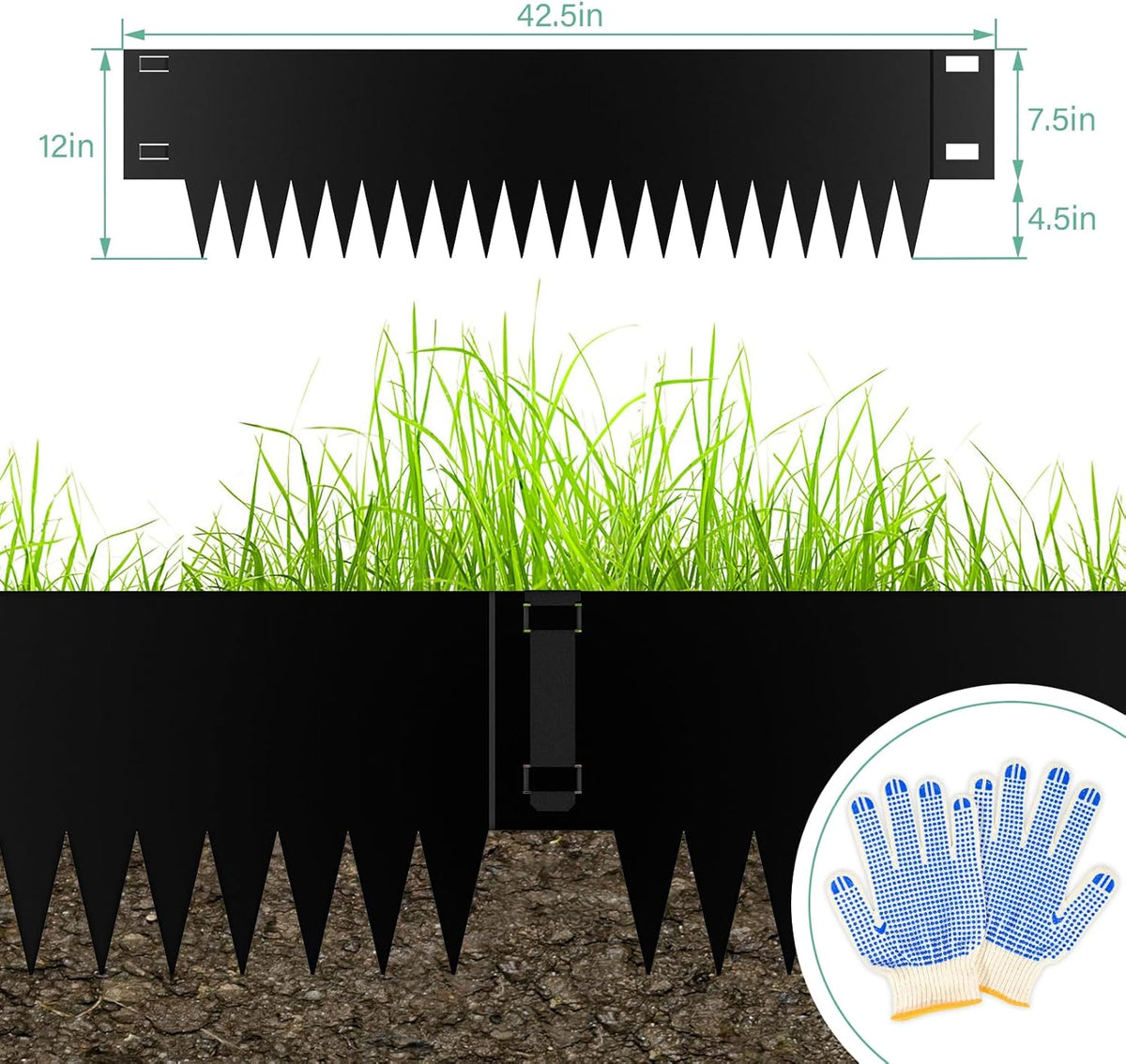 12 Inch Height Galvanized Steel Landscape Edging, 20Ft Metal Garden Edging Border with 6 Clips - Rust-Resistant Lawn Edging for Yard (40" L x 12" H, Black)