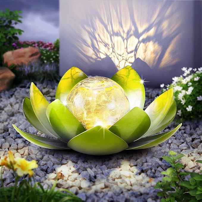 Huaxu Solar Lights Outdoor Garden Decoration Crackle Globe Glass Waterproof LED Metal Green Lotus Flowers Gift for Mom,Women,Patio,Lawn,Walkway,Tabletop,Ground