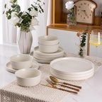 AmorArc Ceramic Dinnerware Sets of 6, Modern Flat Stoneware Plates and Bowls Sets,Chip and Crack Resistant | Dishwasher & Microwave Safe Dishes Set,Scratch Resistant- Service for 6 (18pc)-Matte Cream