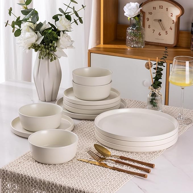 AmorArc Ceramic Dinnerware Sets of 6, Modern Flat Stoneware Plates and Bowls Sets,Chip and Crack Resistant | Dishwasher & Microwave Safe Dishes Set,Scratch Resistant- Service for 6 (18pc)-Matte Cream