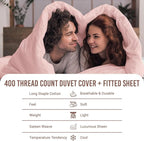 Pizuna 100% Cotton Queen 3 Pc Duvet Cover + 1 Pc Fitted Sheet Set 400 Thread Count Light Pink Sateen Weave Luxurious Long Staple Cotton 4 Piece Bedding Set-1 Duvet Cover,2 Pillow Shams,1 Fitted Sheet