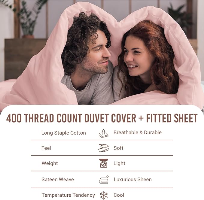 Pizuna 100% Cotton Queen 3 Pc Duvet Cover + 1 Pc Fitted Sheet Set 400 Thread Count Light Pink Sateen Weave Luxurious Long Staple Cotton 4 Piece Bedding Set-1 Duvet Cover,2 Pillow Shams,1 Fitted Sheet
