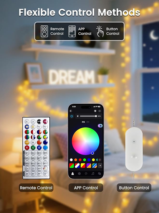 46ft Smart Color Changing Christmas Lights, 100 LED RGB Globe String Lights App Control with Remote & Timer, Music Sync Fairy Light Plug in Waterproof for Christmas Decoration Indoor Outdoor Bedroom