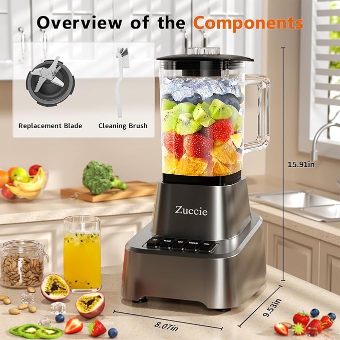 Blender for Shakes and Smoothies With 54oz Glass Jar, 4 Speed Settings, Countertop Blender for Frozen Fruit Drinks, Smoothies, Sauces, 750 Watts, Gray