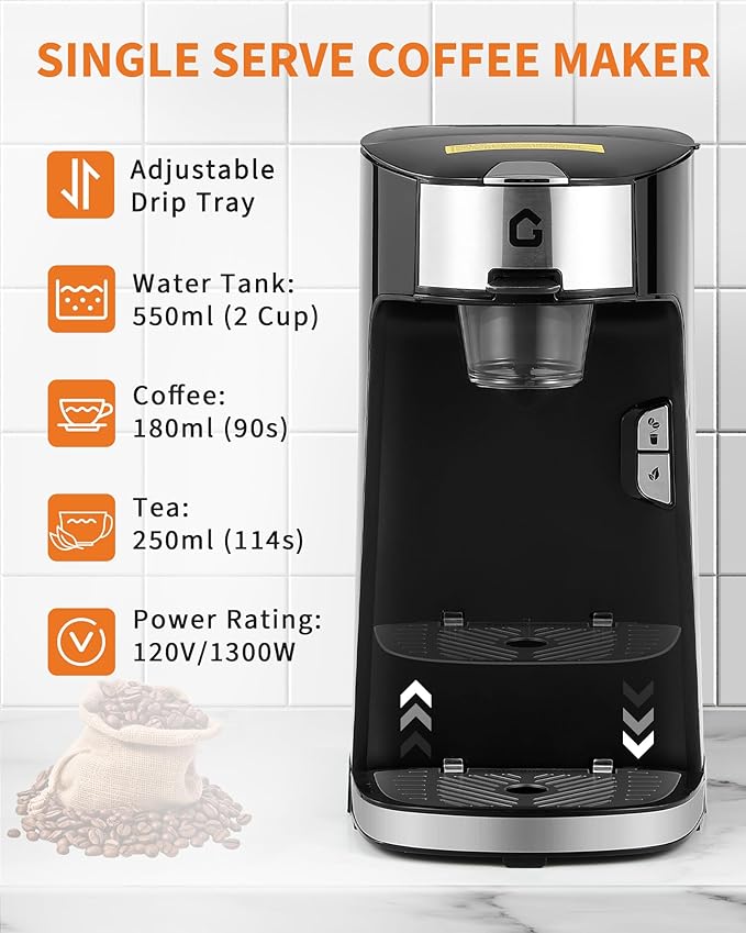 Compatible Coffee Maker with Hot and Cold Brewing, 120V 1300W Single Serve Machine with Scoop Filter for Ground Coffee and Tea, Black