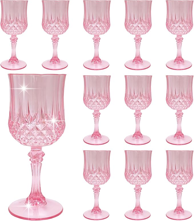 Plastic Wine Glasses，Plastic Goblets Vintage Style Cordial Drinking Glasses for Wedding Reception, Grand Event Party Supplies (12, Pink)