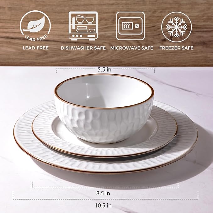 GBHOME Ceramic Dinnerware Sets,18 pcs Embossed Elegant Stoneware Plates and Bowls Sets, Housewarming Wedding Gift | Dishwasher & Microwave Safe | Dishes Set Service for 6