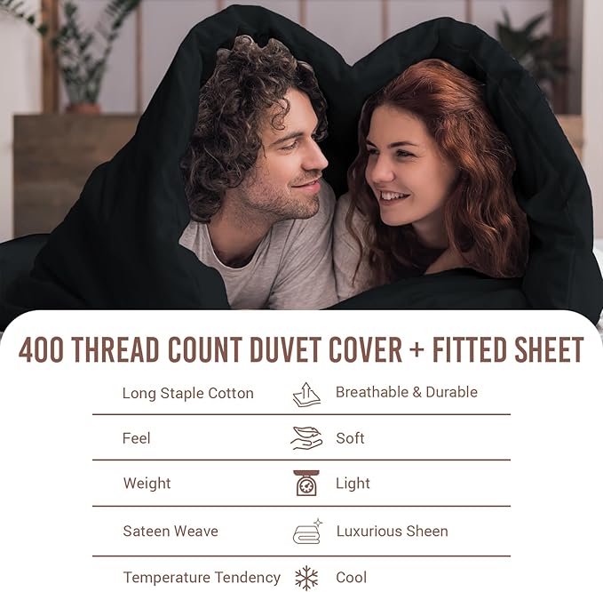 Pizuna 100% Cotton Full 3 Pc Duvet Cover + 1 Pc Fitted Sheet Set 400 Thread Count Black Sateen Weave Luxurious Long Staple Cotton 4 Piece Bedding Set - 1 Duvet Cover, 2 Pillow Shams, 1 Fitted Sheet