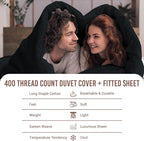 Pizuna 100% Cotton Full 3 Pc Duvet Cover + 1 Pc Fitted Sheet Set 400 Thread Count Black Sateen Weave Luxurious Long Staple Cotton 4 Piece Bedding Set - 1 Duvet Cover, 2 Pillow Shams, 1 Fitted Sheet
