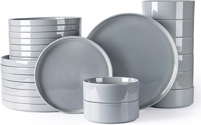Dinnerware Set for 4, 12 Piece Speckled Plates and Bowls Set with Glazed Bottom, Chip & Scratch Resistant Stoneware Plates Sets, Dishwasher & Microwave Safe Dishes (Limestone, Service for 8)