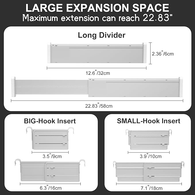 HiYZ Expandable Drawer Dividers with Inserts - Adjustable Drawer Organizers Separators for Kitchen, Bedroom, Dresser, Office, 8 Long Dividers(12.6-22.8 IN) with 16 Inserts(3.9-7.1 IN) - Gray