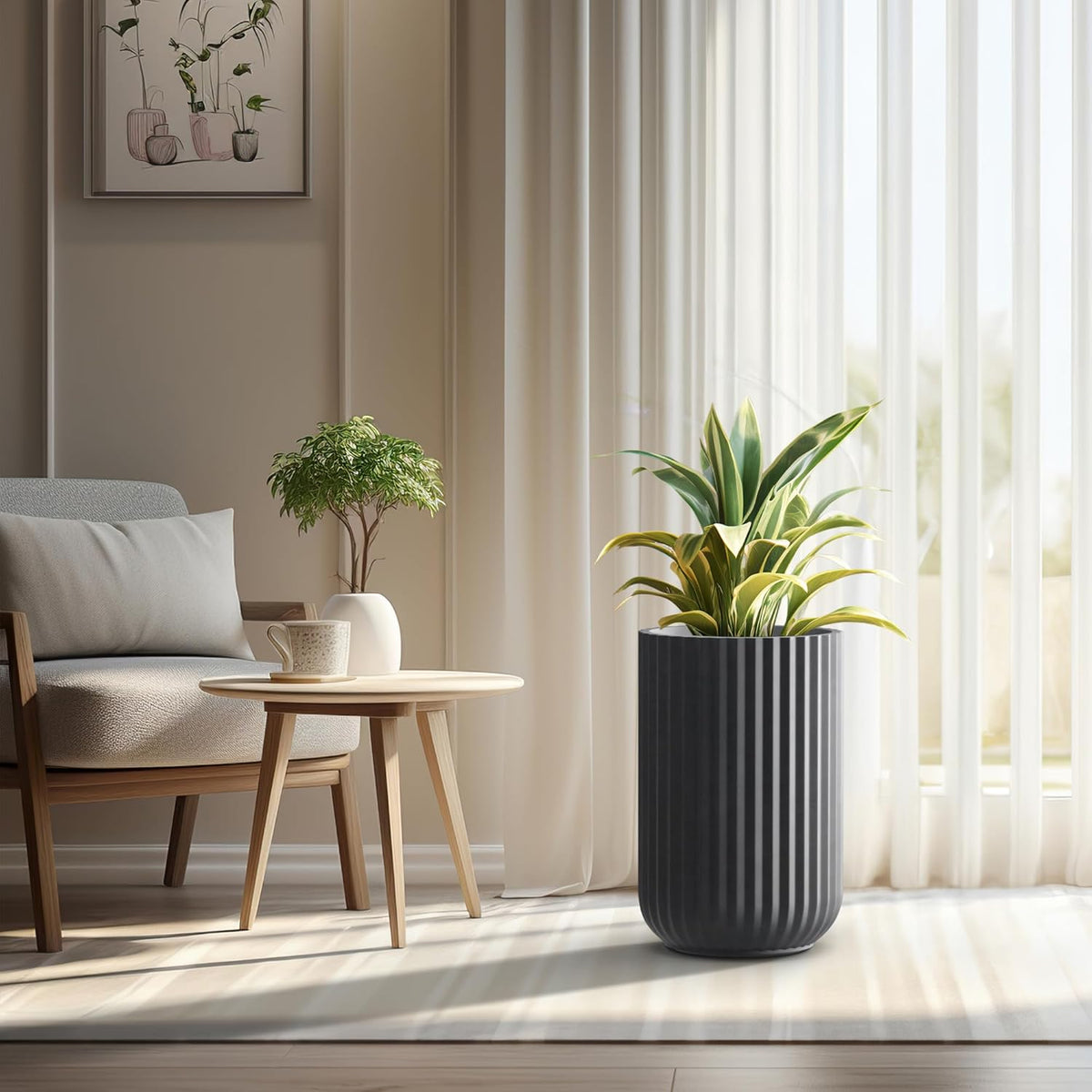 Kante Tall Fulted Planter, 21.7 Inch Tall Round Concrete Plant Pots with Drainage Hole and Rubber Plug, Modern Decor for Indoor Outdoor Plants, Flower, Black