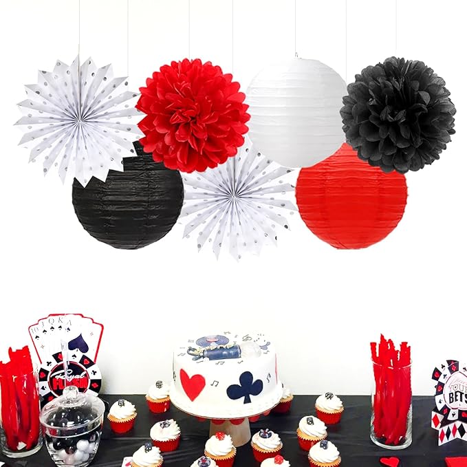 Red-Black White Party-Decorations Paper-Flowers Lanterns - 20PCS Halloween Tissue Pom Poms Streamers Fans Honeycomb, Vintage Baby Shower Birthday Bachelorette Hanging Supplies Decor Burgleda