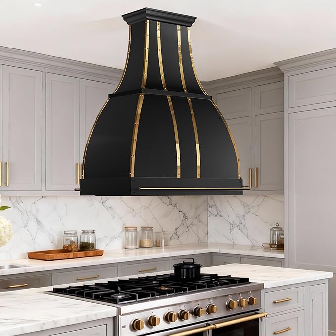 CHETTO C Stainless Steel Range Hood Cover with 4-Speed Vent Hood Insert Custom Handmade Metal Kitchen Fan with Towel Rack LED Light 60"W x27"D x18"H Black Island Mount