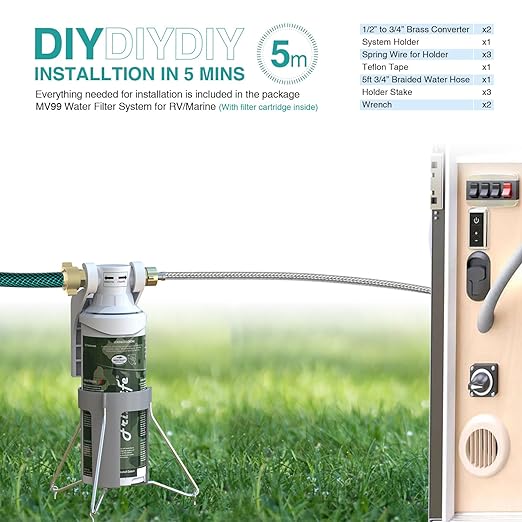 FRIZZLIFE RV Water Filter-NSF/ANSI 53&42 Certified Inline Hose Filter for RV-0.5 Micron High Water Pressure, Reduce Chlorine, Lead, Heavy Metals, Odors - for Marine, Camper, Garden, MV99