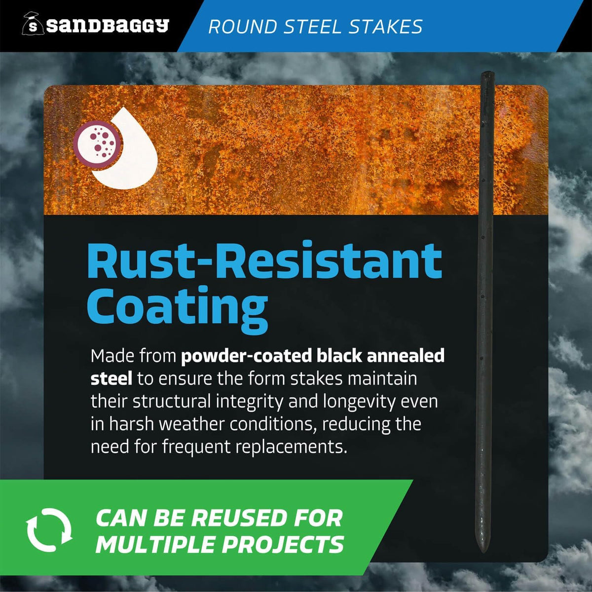 Sandbaggy Round Steel Concrete Form Stakes with Nail Holes - Rust Resistant Coating - Removable, Reusable (50, 3/4 in X 24 in)